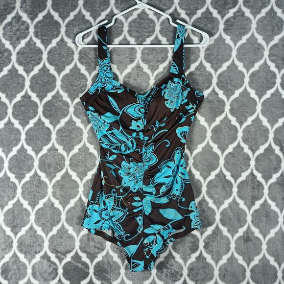 Maxine of Hollywood Other - Maxine Swimsuit Womens 14 Brown Blue Floral One Piece Tummy Control Ruched Lined
